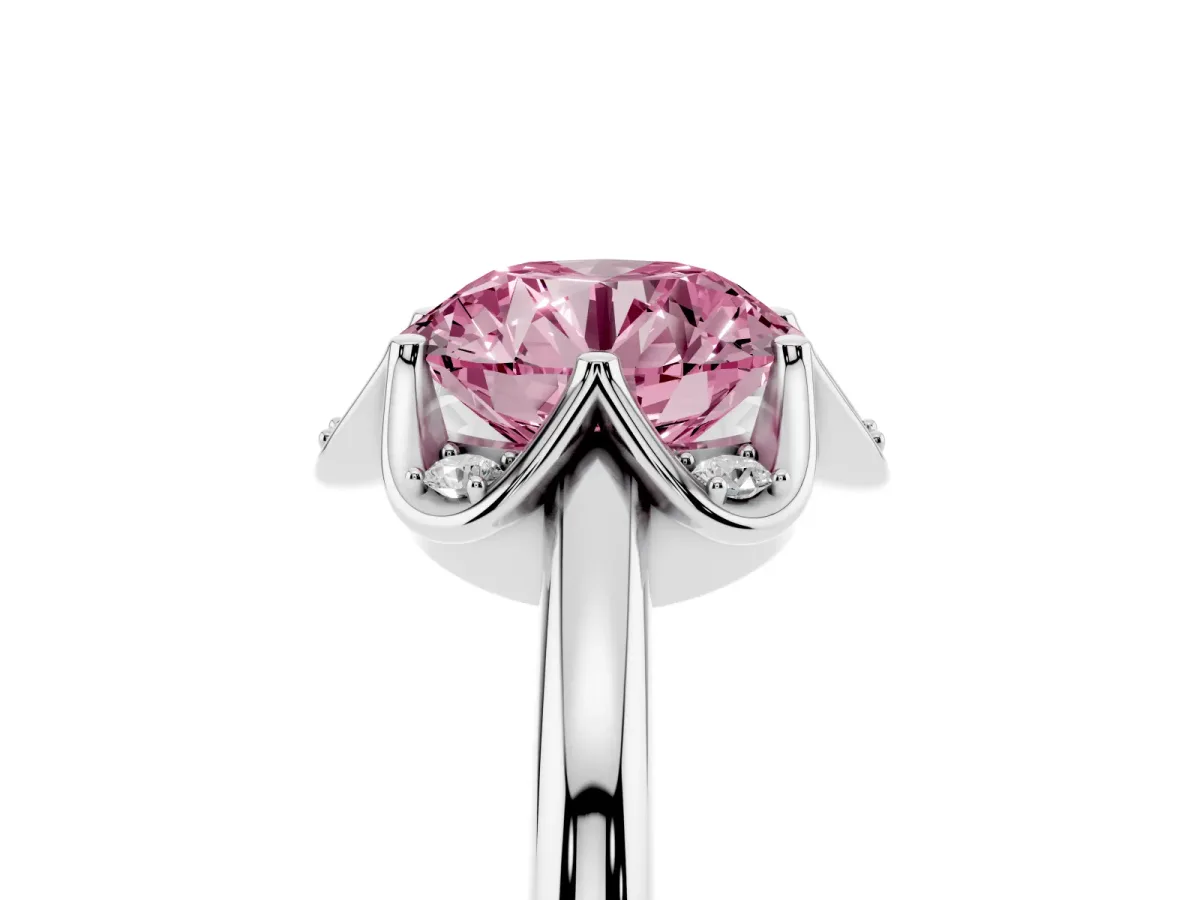 Fancy Pink Round Cut Halo Diamond Ring with Round Cluster Setting, Solitaire Band, and Four-Prong Setting White gold