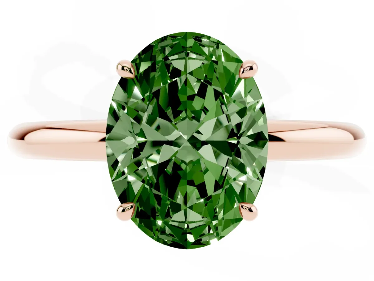 Fancy Green Oval Cut Diamond Solitaire Ring with Thin Band and Four-Prong Setting Rose gold