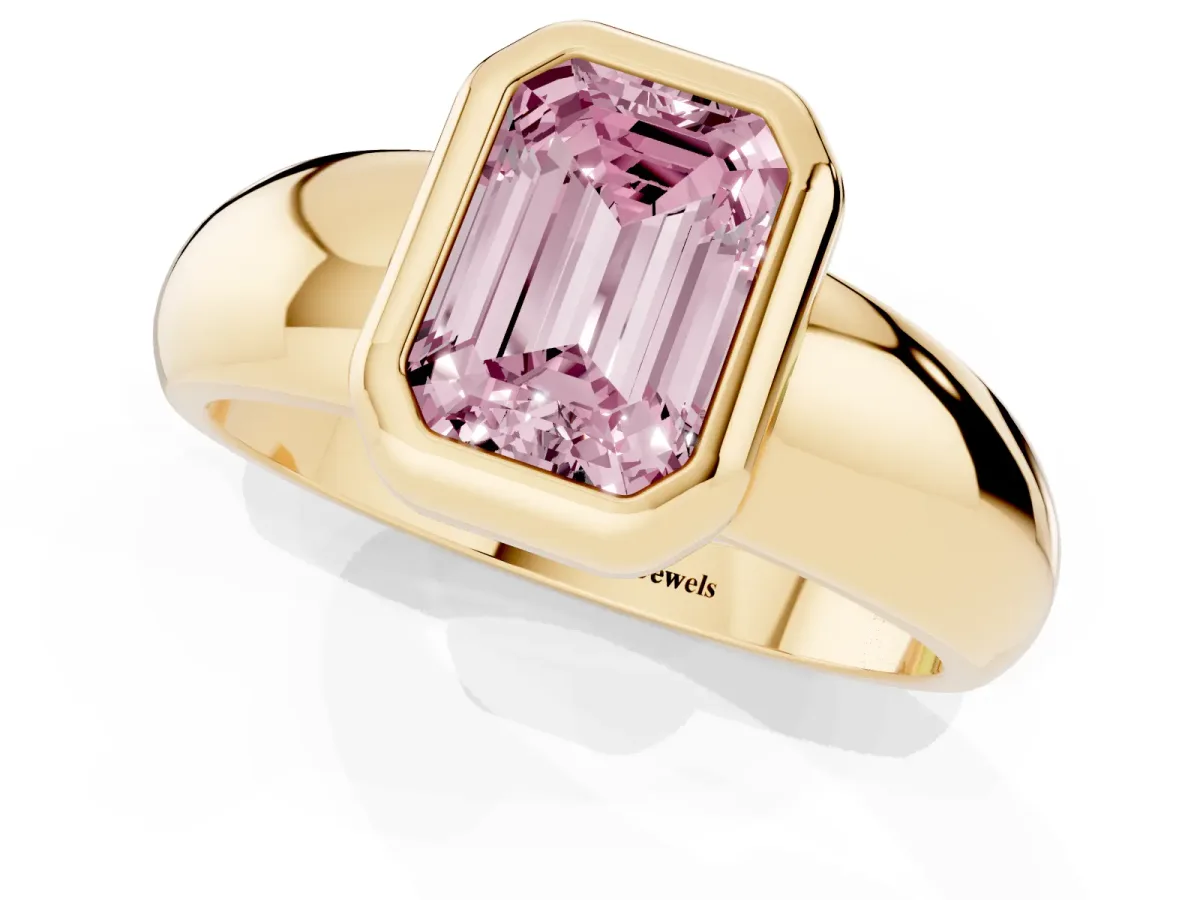 Fancy Pink Bezel Set Emerald Cut Solitaire Ring with Wide Band Yellow gold