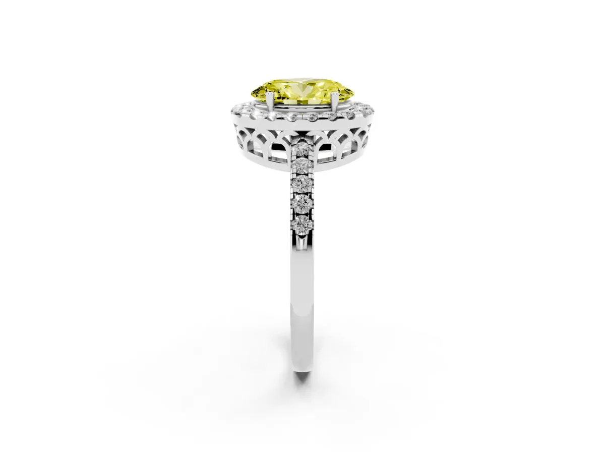 Fancy Yellow Oval Cut Halo Diamond Engagement Ring with Pavé Band and Four-Prong Setting Silver