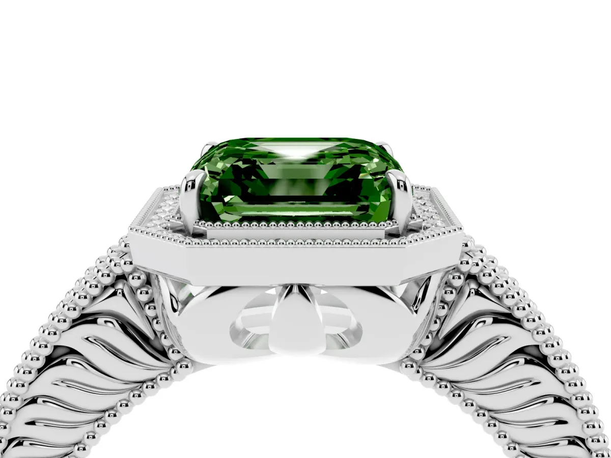 Fancy Green Asscher Cut Cut Halo Diamond Ring with Pavé Band and Four-Prong Setting Platinum