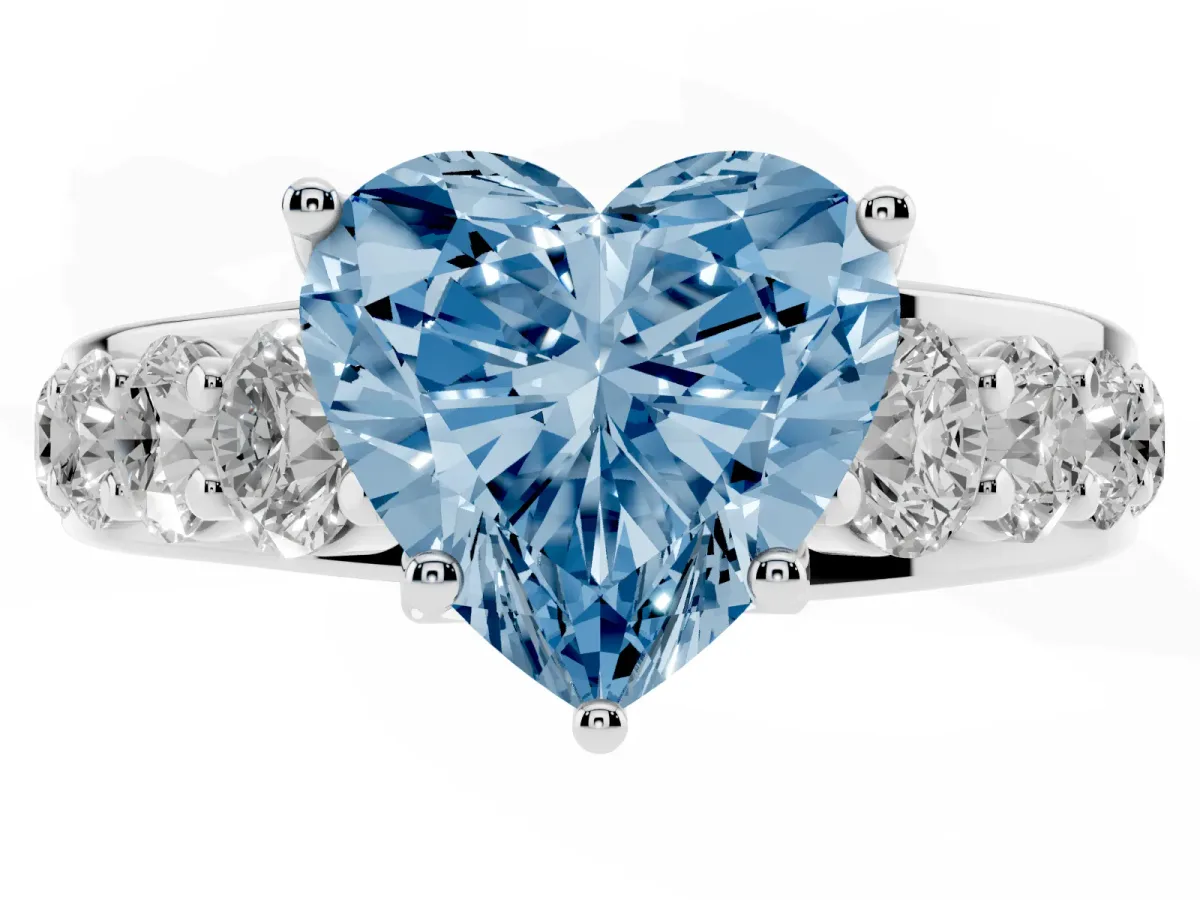 Fancy Blue Heart Cut Diamond Engagement Ring with Pavé Band and Four-Prong Setting Platinum