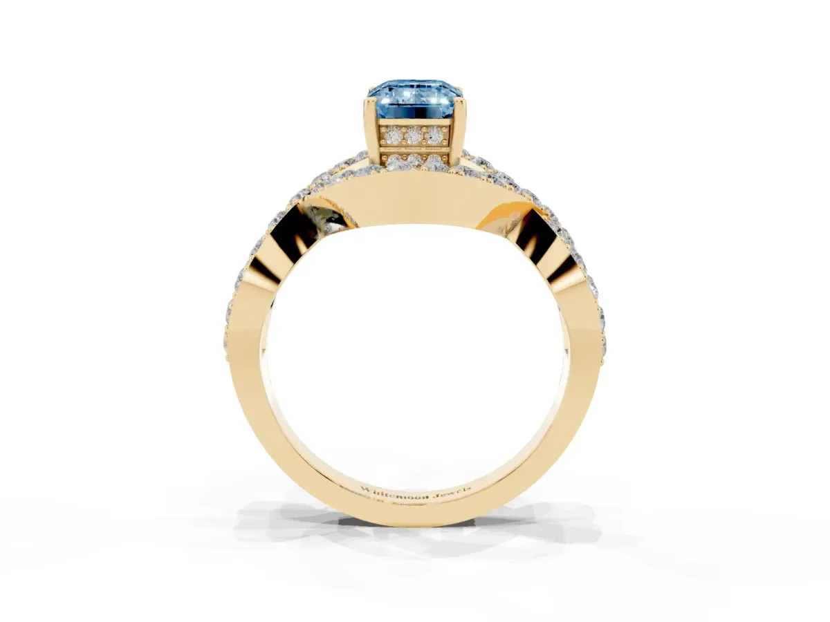 Fancy Blue Emerald Cut Solitaire Twist Band Pavé Diamond Engagement Ring Yellow gold