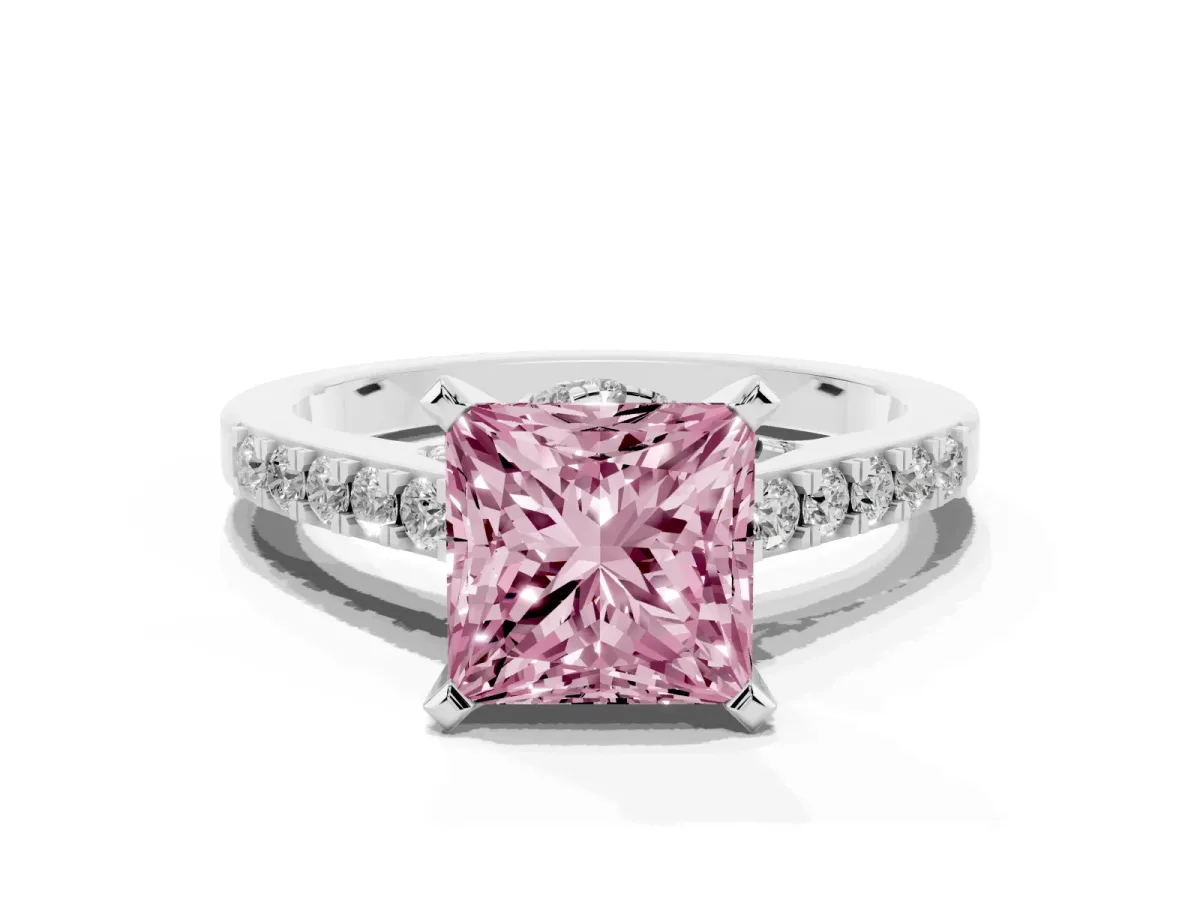 Fancy Pink Princess Cut Diamond Solitaire Ring with Crossover Gallery and Round Pavé Band Silver
