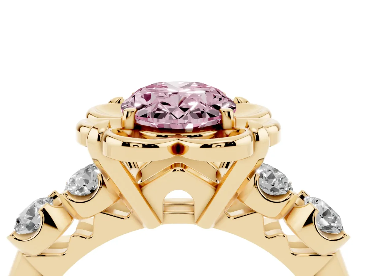 Fancy Pink Oval Cut Cut Diamond Floral Halo Engagement Ring with Shared Prong Setting Yellow gold