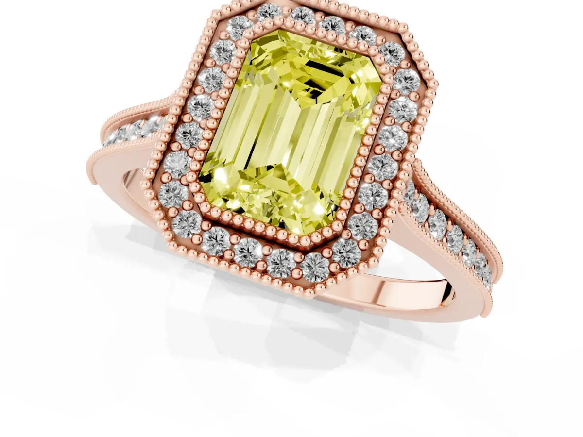 Fancy Yellow Halo Emerald Cut-Cut Diamond Pave Band Milgrain Prong Setting Ring Rose gold