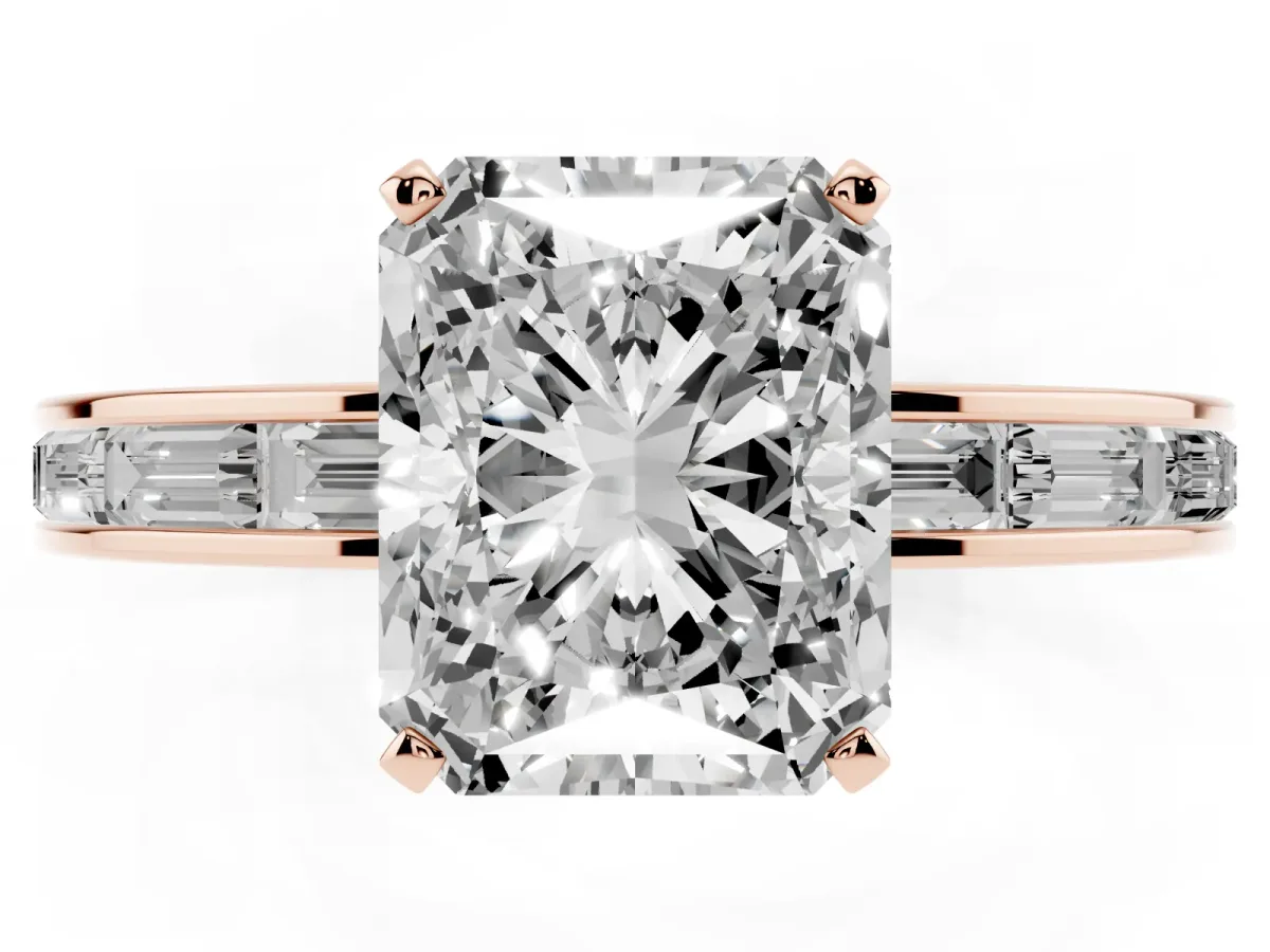 Radiant Cut Solitaire Diamond Ring with Channel-Set Baguette Band and Four-Prong Setting Rose gold
