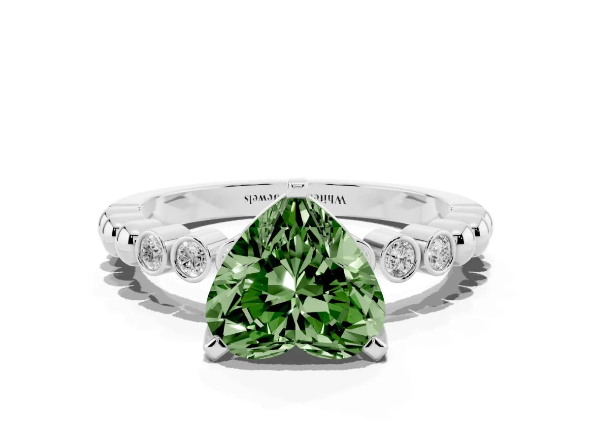 Fancy Green Heart Cut Solitaire Bezel Accent Diamond Engagement Ring with Beaded Band and Four-Prong Setting Silver
