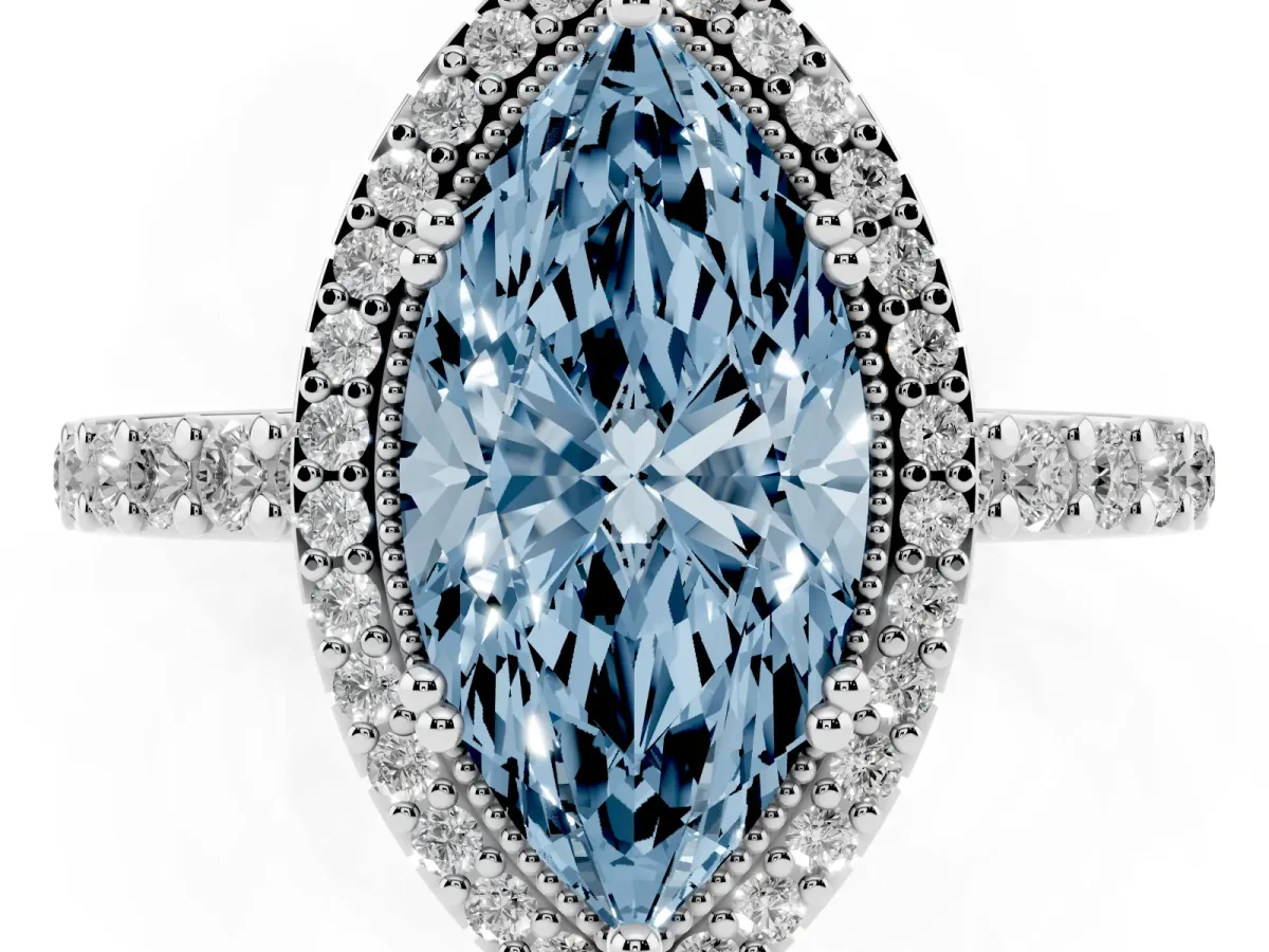 Fancy Blue Marquise Cut Cut Diamond Halo Engagement Ring with Milgrain Detail and Pavé Band White gold