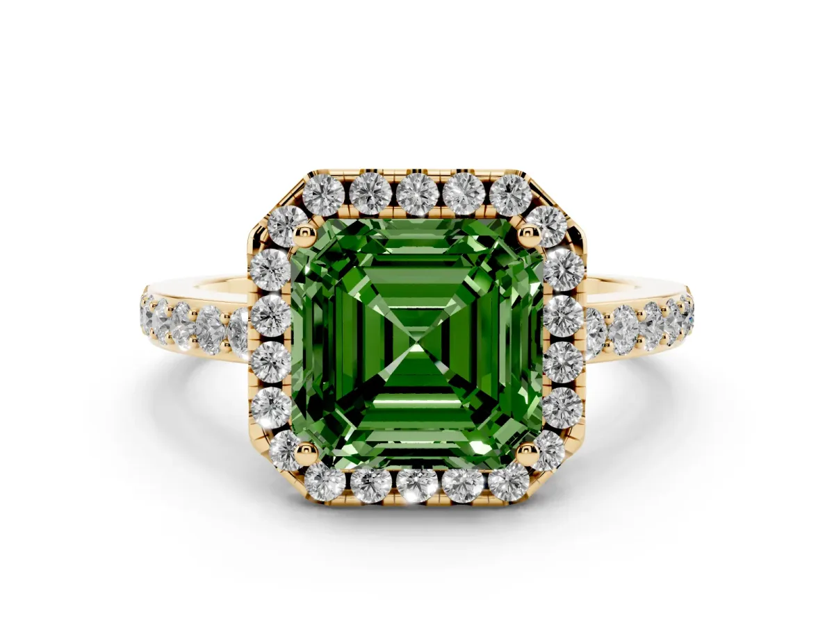 Fancy Green Asscher Cut Halo Diamond Pavé Band Ring with Prong Setting Yellow gold