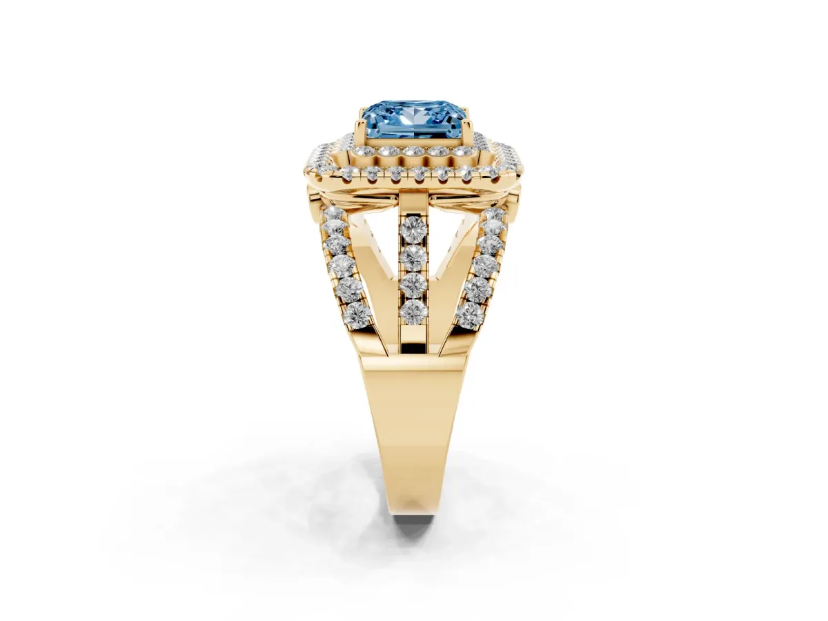 Fancy Blue Princess Cut Diamond Double Halo Ring with Round Pavé Split Shank and Prong Setting Yellow gold