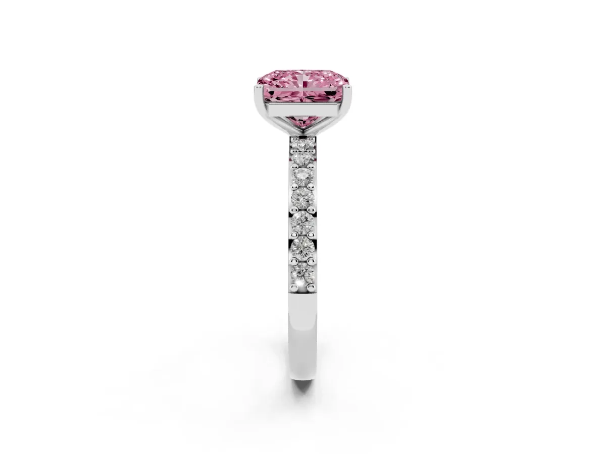 Fancy Pink Radiant Cut Cut Diamond Solitaire with Pave Band and Four-Prong Setting Platinum