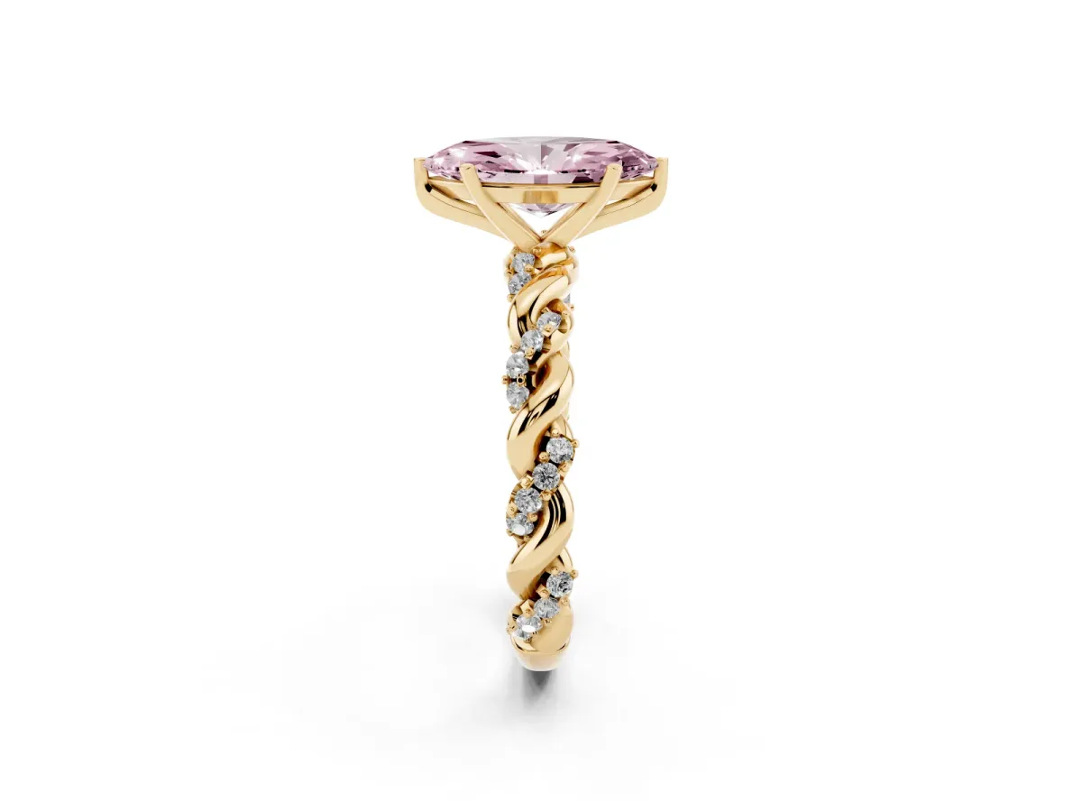 Fancy Pink Marquise Cut Diamond Solitaire Ring with Twisted Band and Pavé Accents Yellow gold