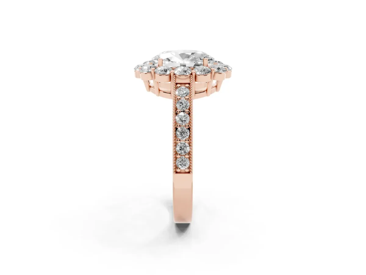 Oval Cut Cut Halo Diamond Pavé Engagement Ring with Milgrain Detailing Rose gold