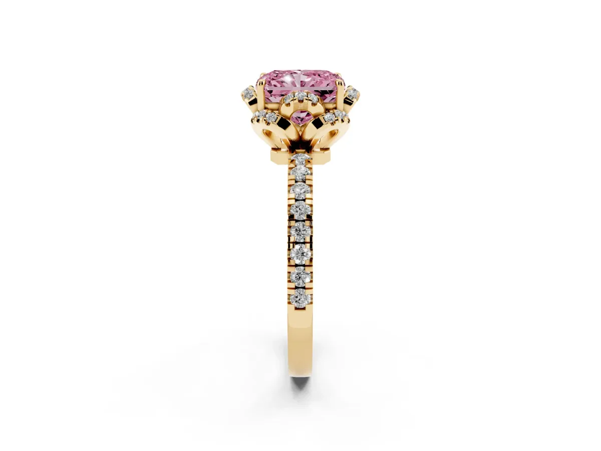 Fancy Pink Radiant Cut Diamond Halo Pave Band with Four-Prong Setting Yellow gold
