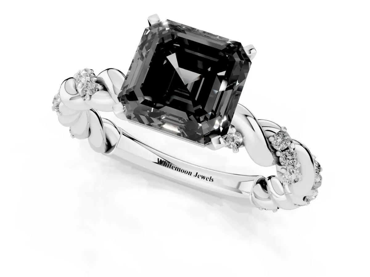 Fancy Black Asscher Cut Diamond Solitaire Ring with Twisted Band and Pavé Accents Silver