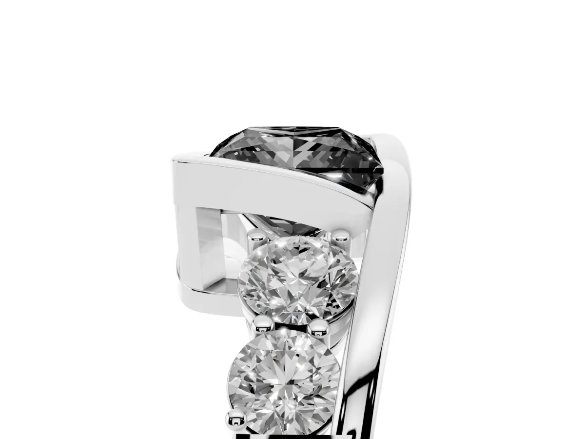 Fancy Black Bezel Set Princess Cut Diamond Bypass Ring with Round Accents Silver