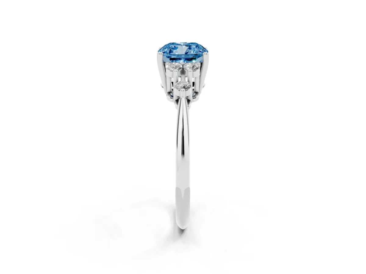 Fancy Blue Cushion Cut Cut Diamond Cluster Ring with Solitaire Band and Four-Prong Setting Silver
