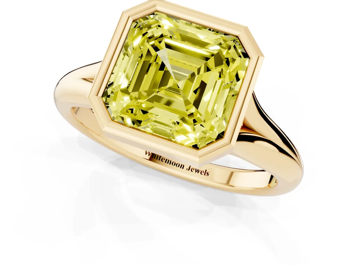 Fancy Yellow Bezel Set Asscher Cut Solitaire Diamond Ring with Smooth Band Yellow gold