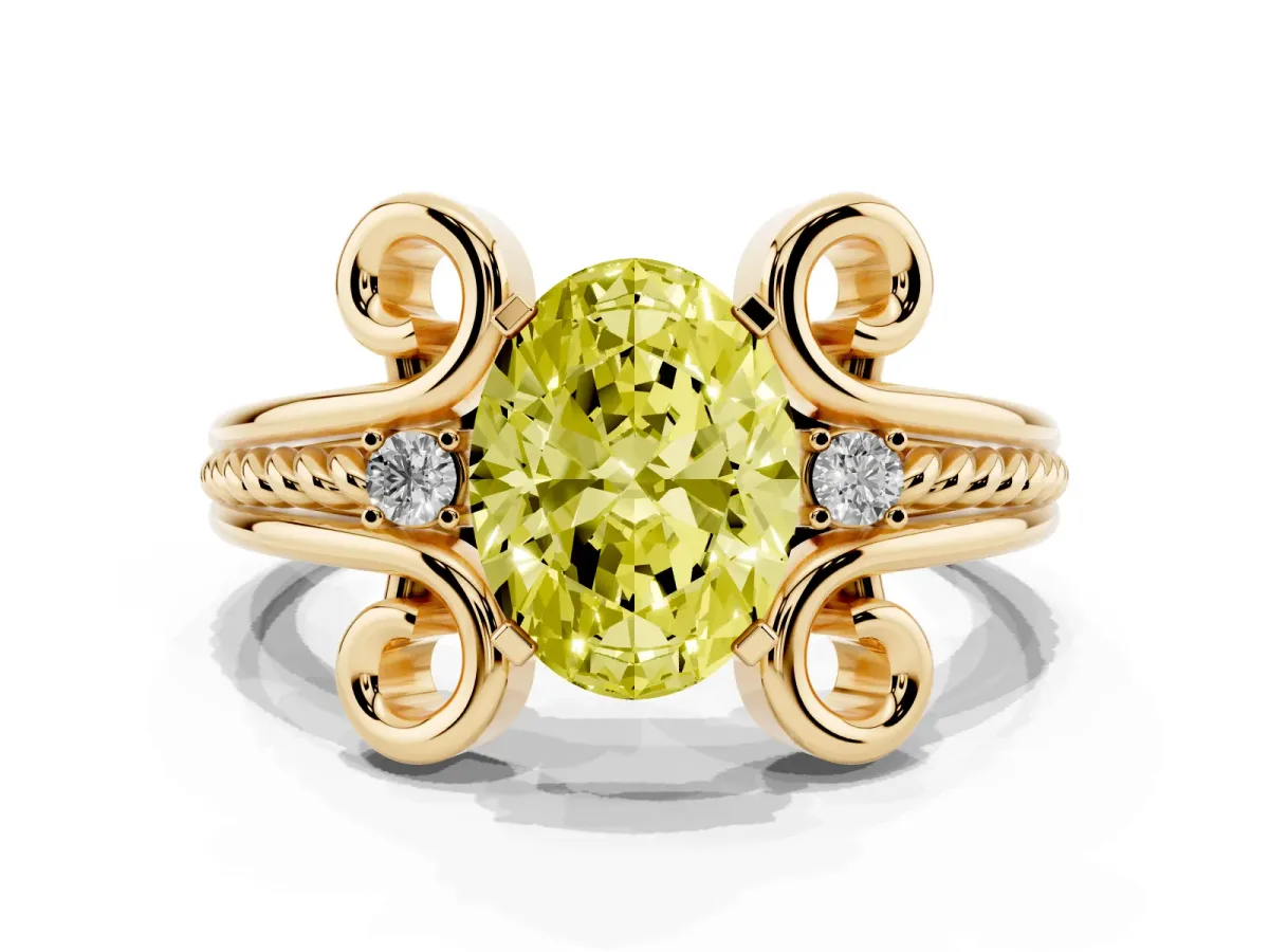 Fancy Yellow Oval Cut Solitaire Twisted Band Scroll Prong Ring Yellow gold