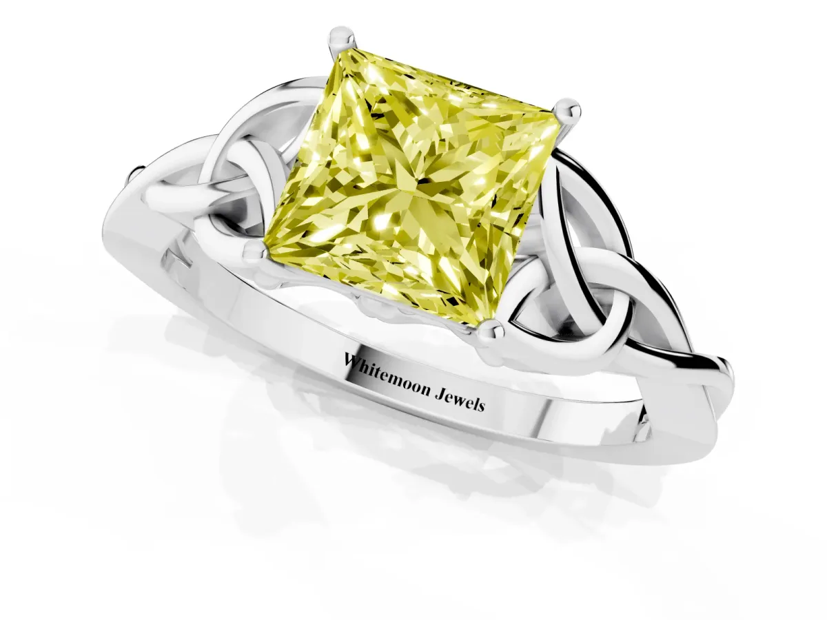Fancy Yellow Princess Cut Diamond Solitaire Engagement Ring with Celtic Knot Band and Four-Prong Setting Silver