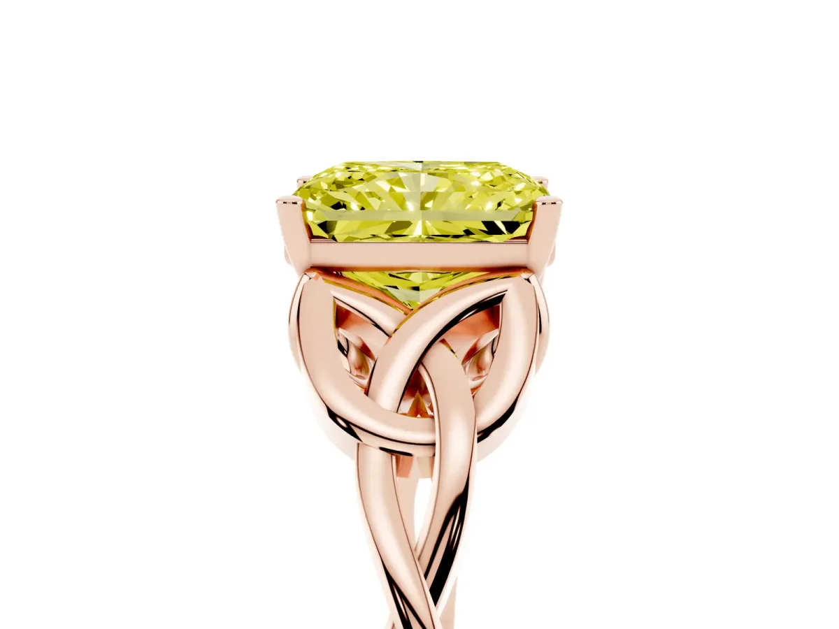 Fancy Yellow Radiant Cut Diamond Solitaire Engagement Ring with Celtic Knot Band and Four-Prong Setting Rose gold