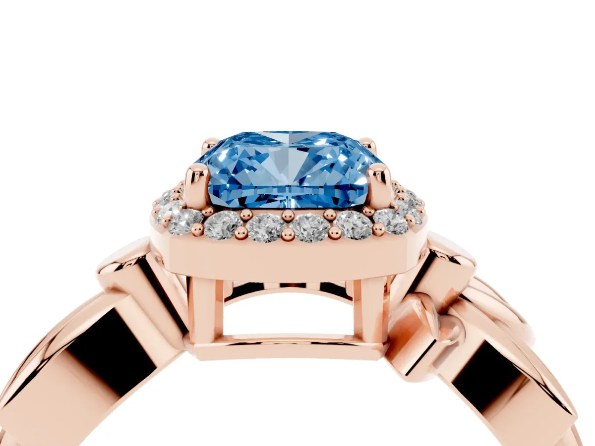 Fancy Blue Cushion Cut Halo Diamond Floral Band with Four-Prong Setting Rose gold