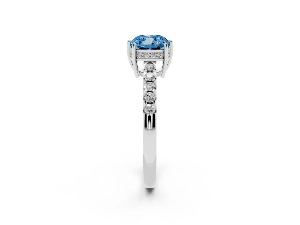 Fancy Blue Cushion Cut Solitaire Diamond Engagement Ring with Pavé Band and Six-Prong Setting Platinum