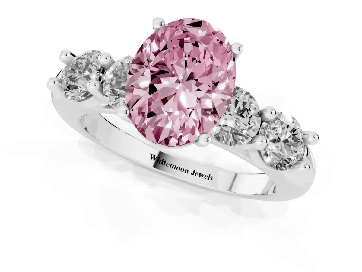 Fancy Pink Oval Cut Cut Five-Stone Prong Set Diamond Ring with Classic Band Silver