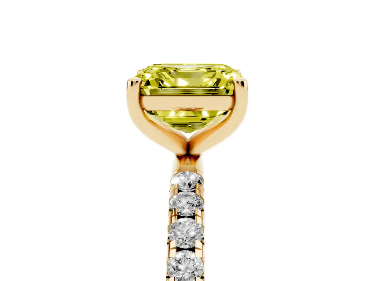 Fancy Yellow Asscher Cut Cut Diamond Solitaire Ring with Micro Pave Band and Four Prong Setting Yellow gold