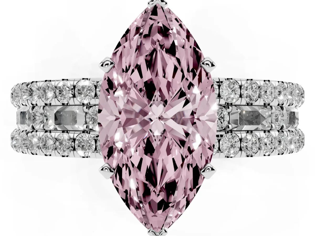 Fancy Pink Marquise Cut Diamond Solitaire Ring with Pavé and Channel Set Band Platinum
