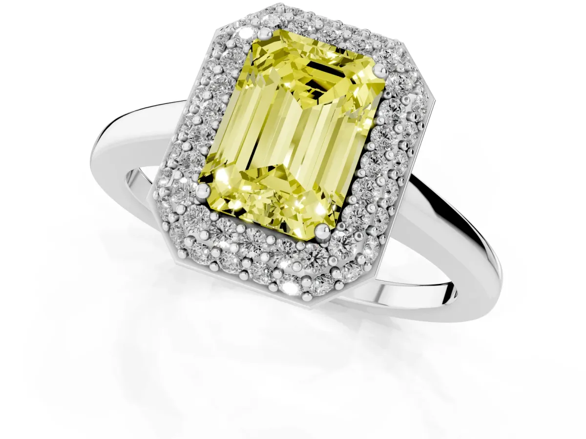 Fancy Yellow Emerald Cut Halo Diamond Engagement Ring with Solitaire Band and Four-Prong Setting Silver