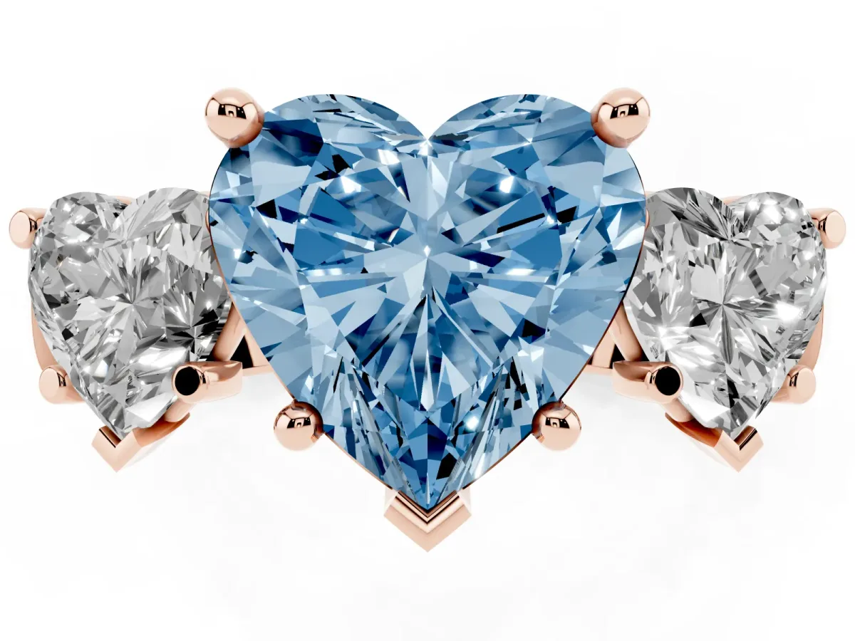 Fancy Blue Three-Stone Heart Cut Brilliant Diamond Trellis Ring with Comfort Fit Band Rose gold