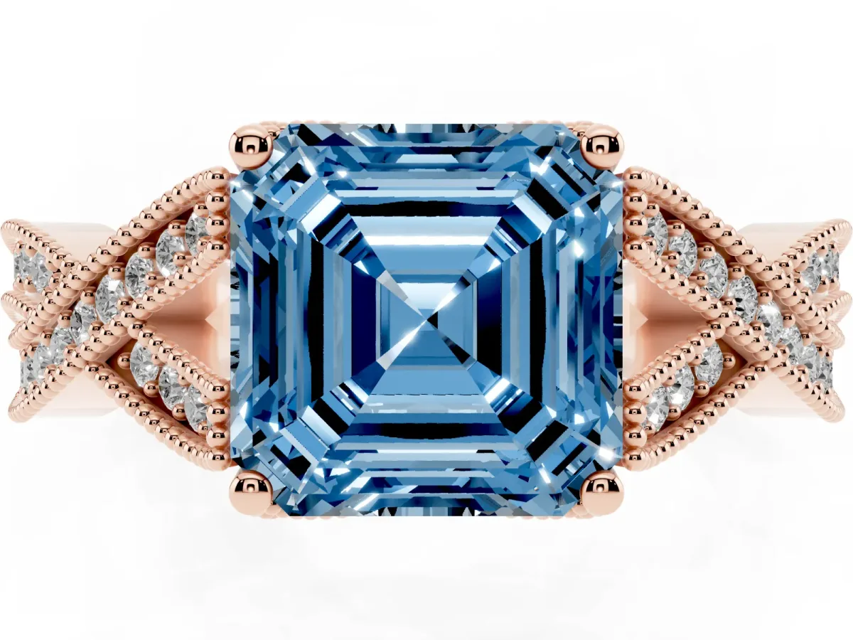 Fancy Blue Asscher Cut Cut Diamond Twisted Band with Milgrain Pave Setting and Four-Prong Setting Rose gold
