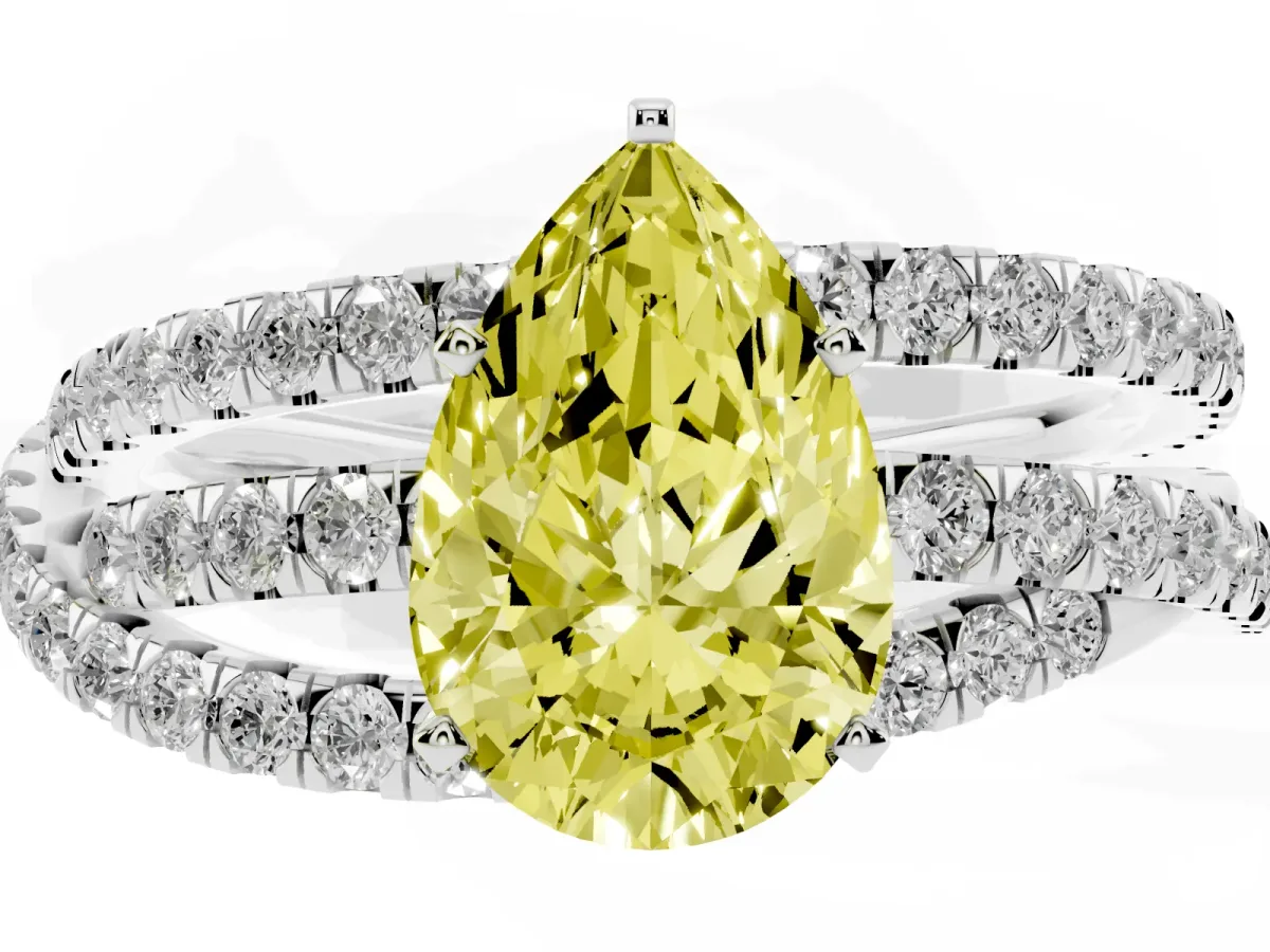 Fancy Yellow Pear Cut Solitaire Twist Band with Pavé Setting and Four-Prong Setting Silver