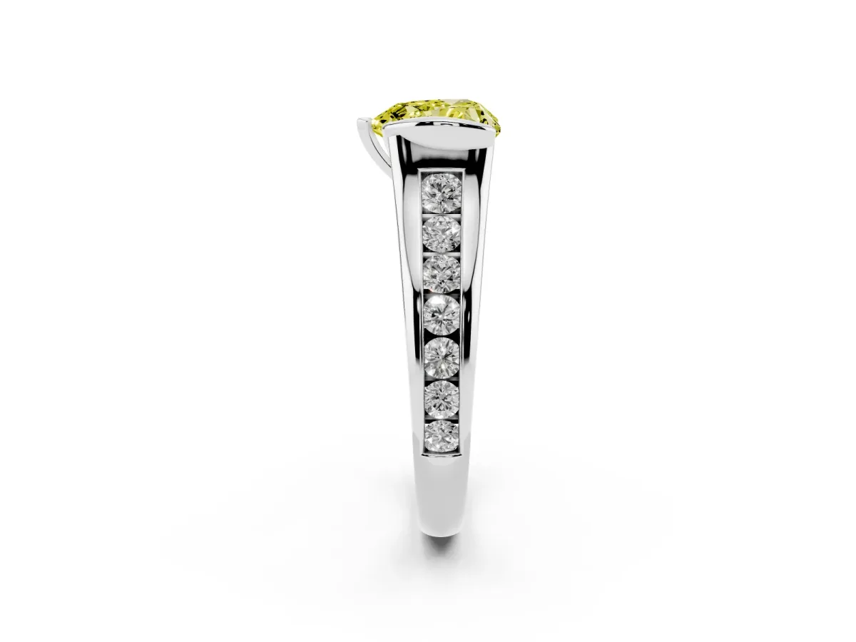 Fancy Yellow Heart Cut Solitaire Bezel-Set Diamond Ring with Channel-Set Band Silver