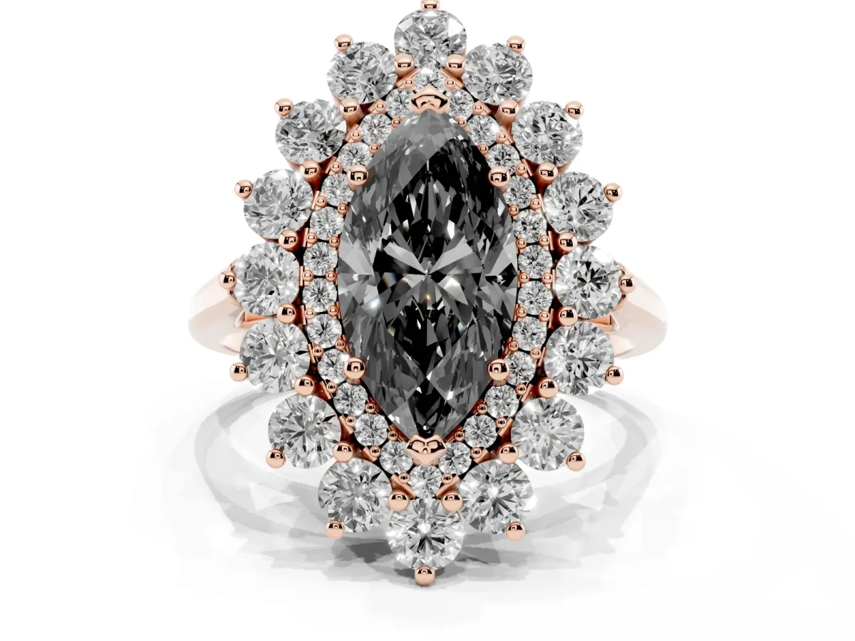 Fancy Black Marquise Cut Diamond Floral Double Halo Engagement Ring with Prong Setting Rose gold