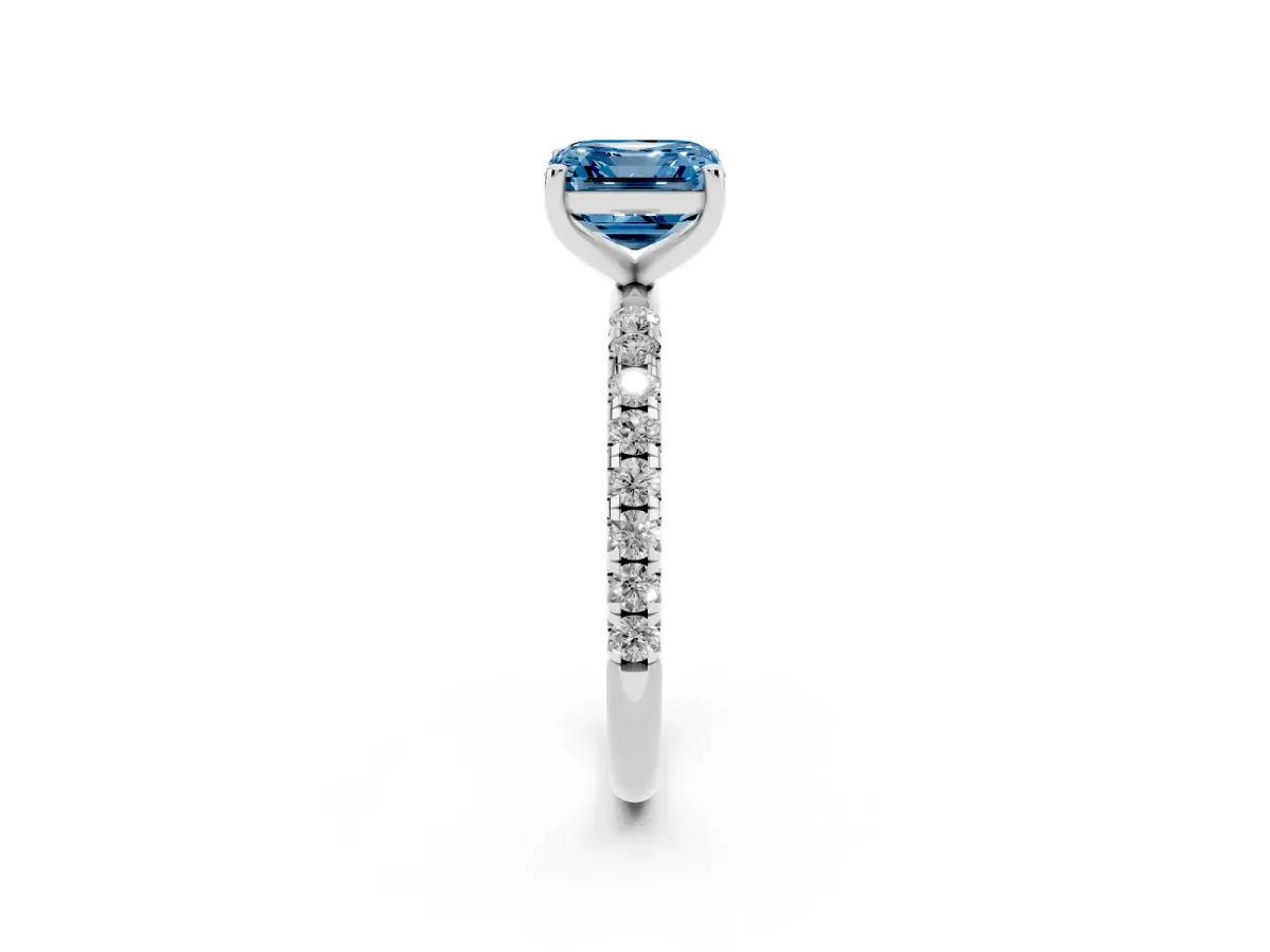 Fancy Blue Asscher Cut Cut Diamond Solitaire Ring with Micro Pave Band and Four Prong Setting Silver