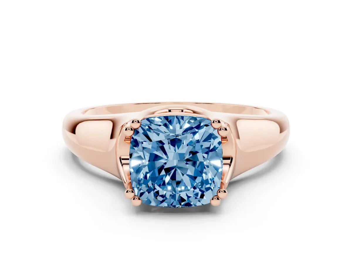 Fancy Blue Cushion Cut Diamond Solitaire Ring with Wide Band and Prong Setting Rose gold