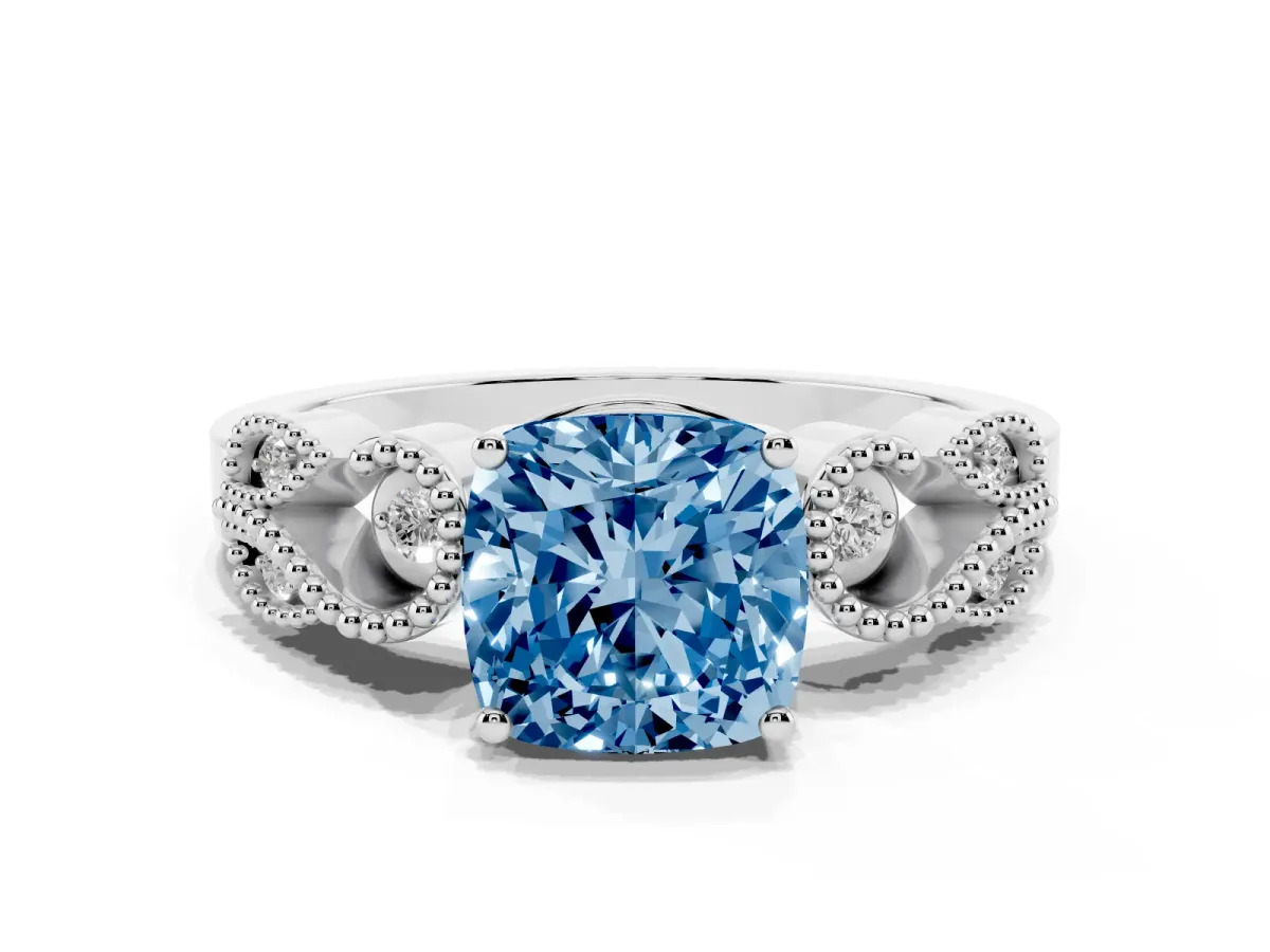 Fancy Blue Cushion Cut Solitaire Milgrain Leaf Band with Prong Setting Silver