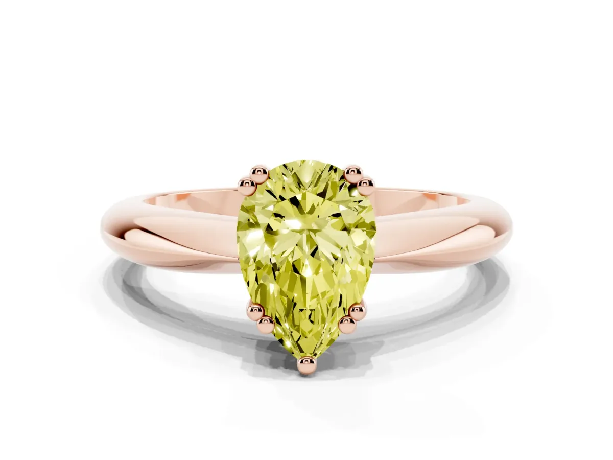 Fancy Yellow Pear Cut Cut Solitaire Engagement Ring with Tapered Band and Four-Prong Setting Rose gold