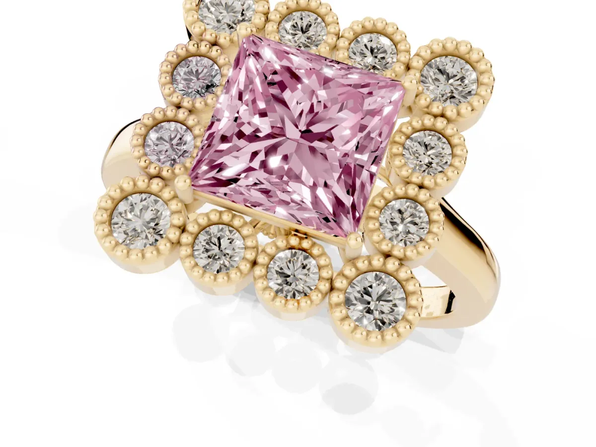 Fancy Pink Princess Cut Halo Diamond Cluster Engagement Ring with Milgrain Bezel Setting and Solitaire Band Yellow gold