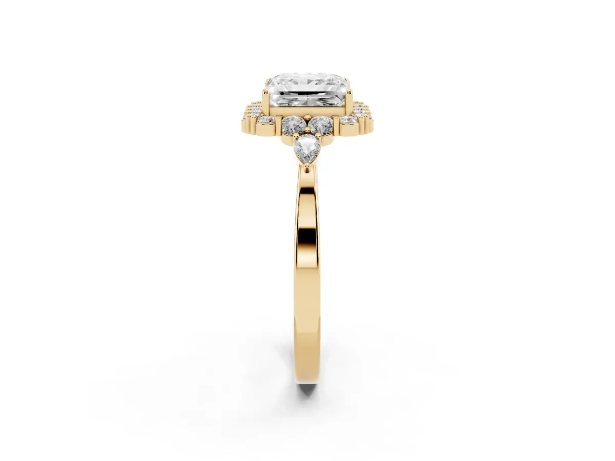 Princess Cut Diamond Halo Ring with Pear Side Stones and Prong Setting Yellow gold