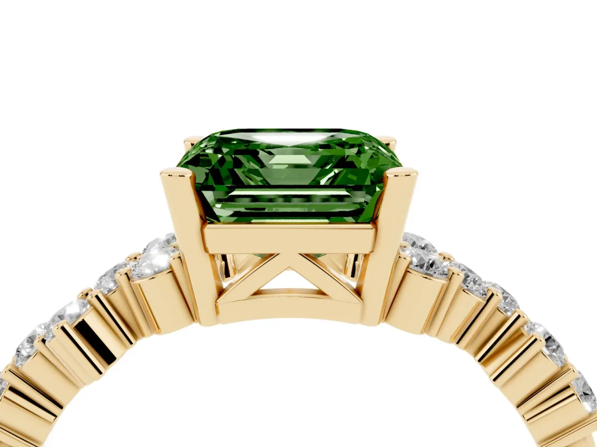 Fancy Green Asscher Cut Diamond Scattered Round Accent Ring with Prong Setting Yellow gold