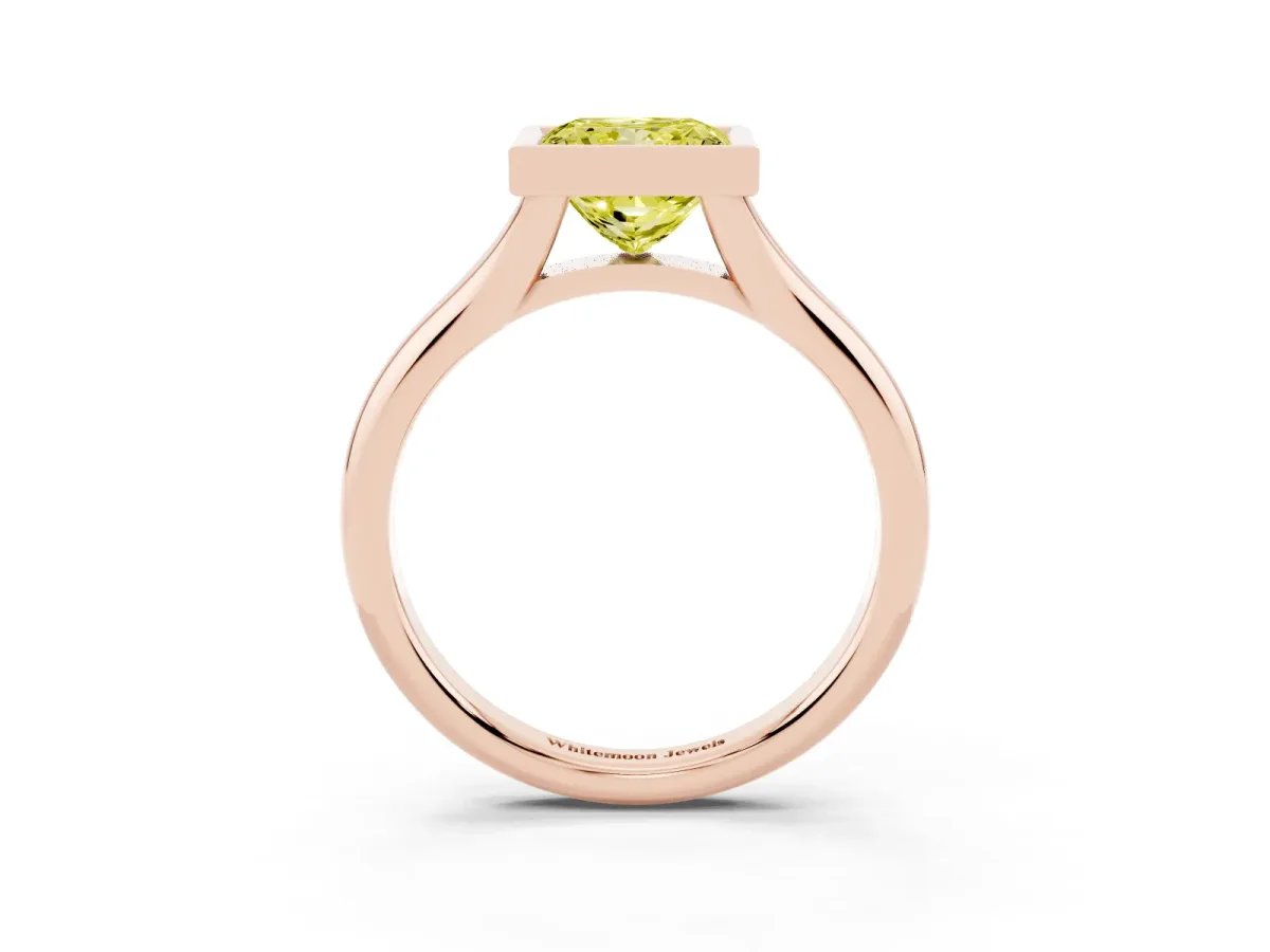 Fancy Yellow Bezel Set Princess Cut Solitaire Diamond Ring with Smooth Band Rose gold
