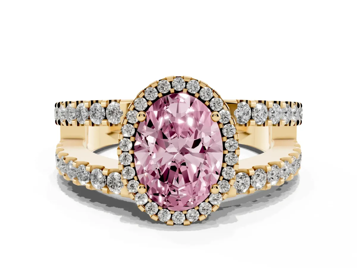 Fancy Pink Oval Cut Cut Halo Split Shank Diamond Ring with Four-Prong Setting Yellow gold