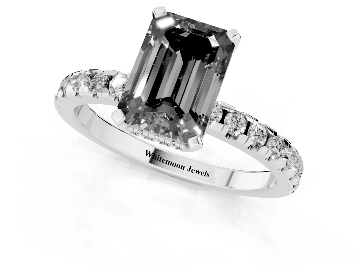 Fancy Black Emerald Cut Diamond Solitaire Ring with Round Pavé Band and Four-Prong Setting Silver