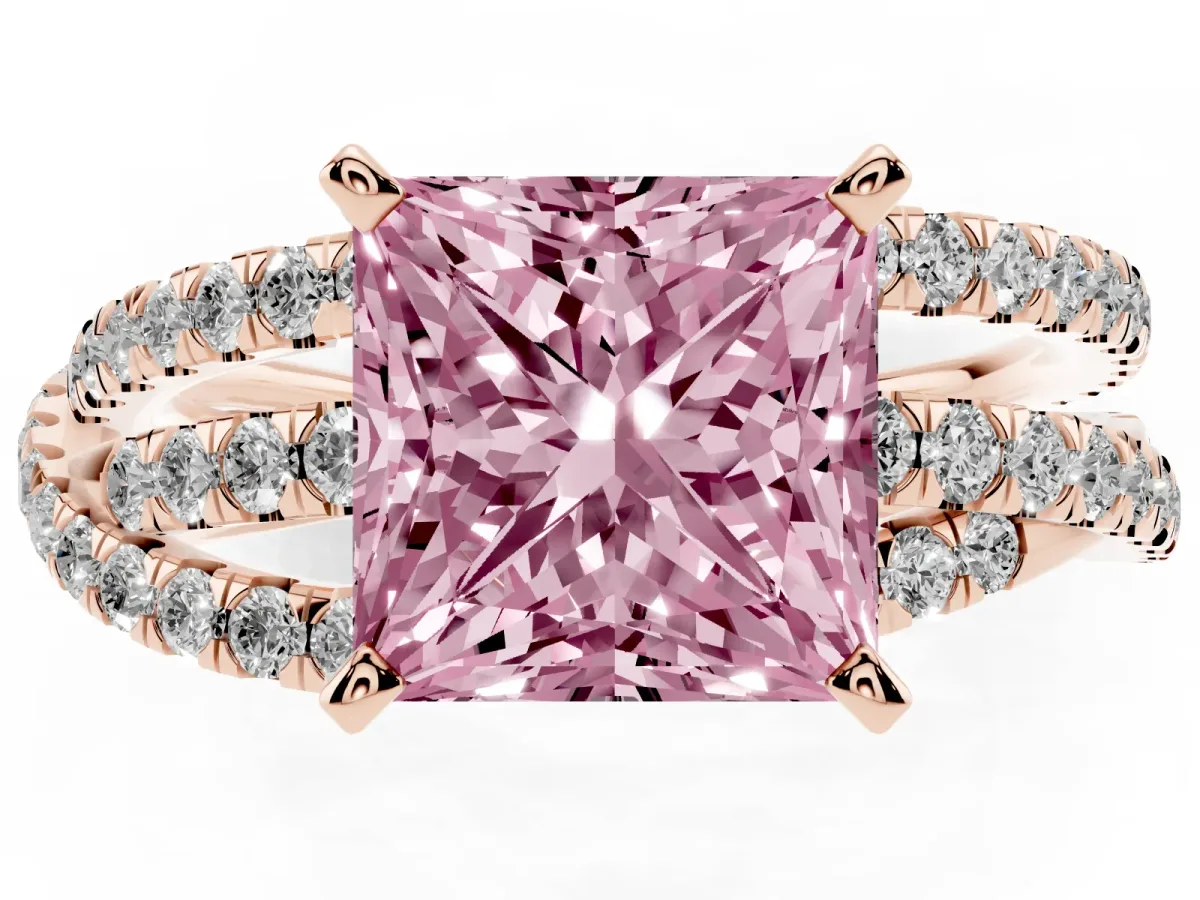 Fancy Pink Princess Cut Solitaire Twist Band with Pavé Setting and Four-Prong Setting Rose gold
