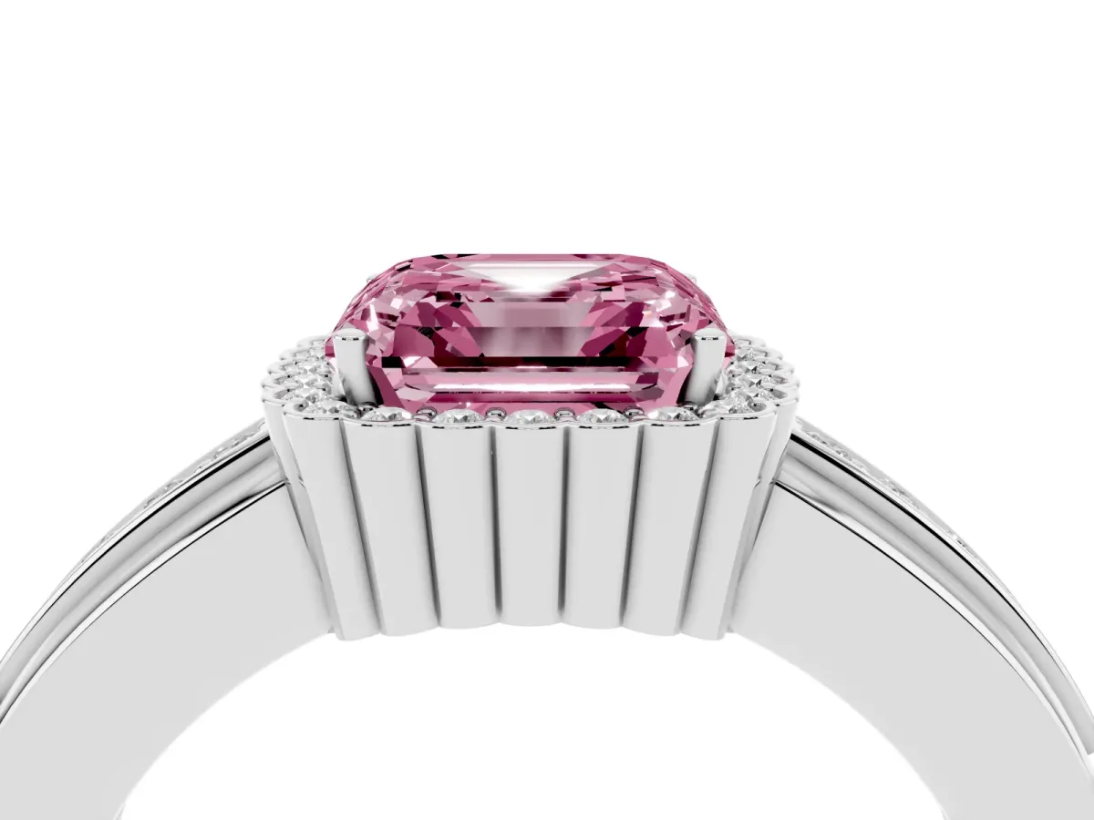 Fancy Pink Asscher Cut Cut Halo Pave Band Four-Prong Ring White gold