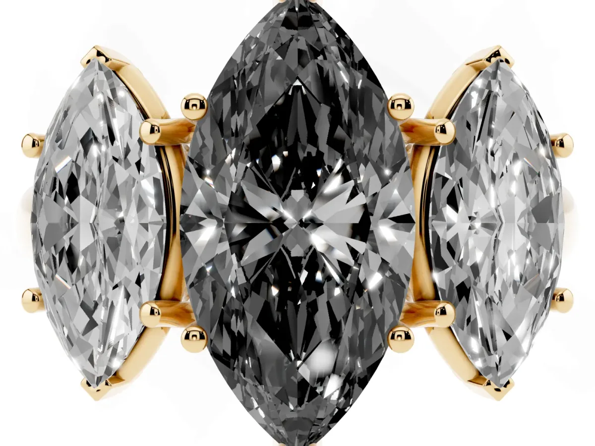 Fancy Black Three-Stone Marquise Cut Diamond Engagement Ring with Prong Setting Yellow gold